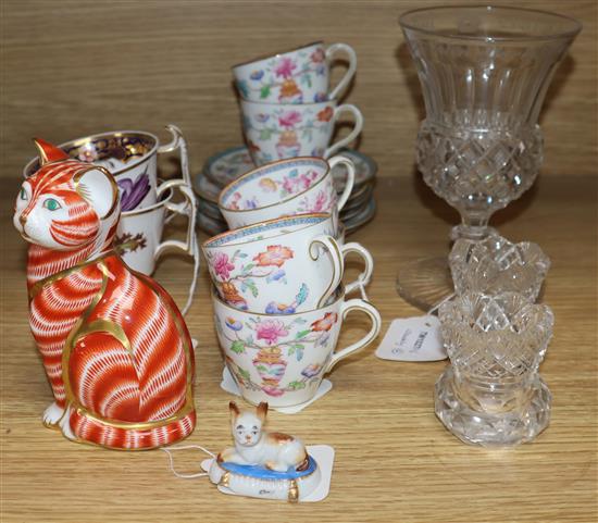 A Victorian commemorative glass goblet, a pair of Spode botanical cups, a Doulton coffee set, a Royal Crown Derby cat paperweight etc